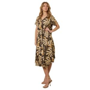 Tropical Print Midi Dress for Women – Elegant & Comfortable with Short Sleeves (Black/Yellow)